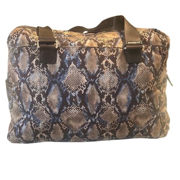 Tumi Brown and Blue Nylon Leather Snakeskin Print Weekender Bag Tote - Picture 3 of 12